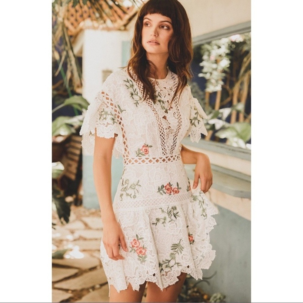 Saylor Robbie Dress White Lace Floral Embroidered Mini Flutter Sleeve XL